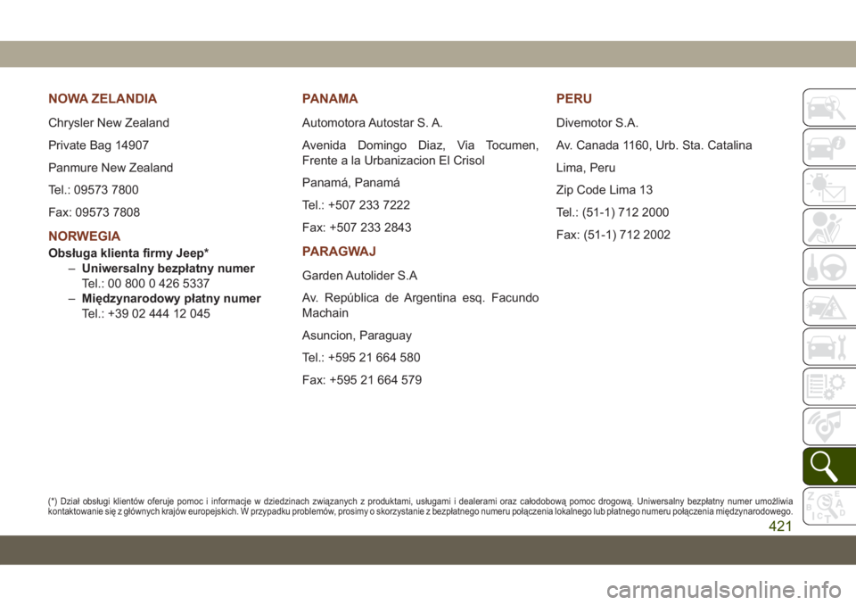 JEEP GRAND CHEROKEE 2020 Instrukcja obsługi (in Polish) NOWA ZELANDIA
Chrysler New Zealand
Private Bag 14907
Panmure New Zealand
Tel.: 09573 7800
Fax: 09573 7808
NORWEGIA
Obsługa klienta firmy Jeep*
–Uniwersalny bezpłatny numer
Tel.: 00 800 0 426 5337
JEEP GRAND CHEROKEE 2020 Instrukcja obsługi (in Polish) NOWA ZELANDIA
Chrysler New Zealand
Private Bag 14907
Panmure New Zealand
Tel.: 09573 7800
Fax: 09573 7808
NORWEGIA
Obsługa klienta firmy Jeep*
–Uniwersalny bezpłatny numer
Tel.: 00 800 0 426 5337