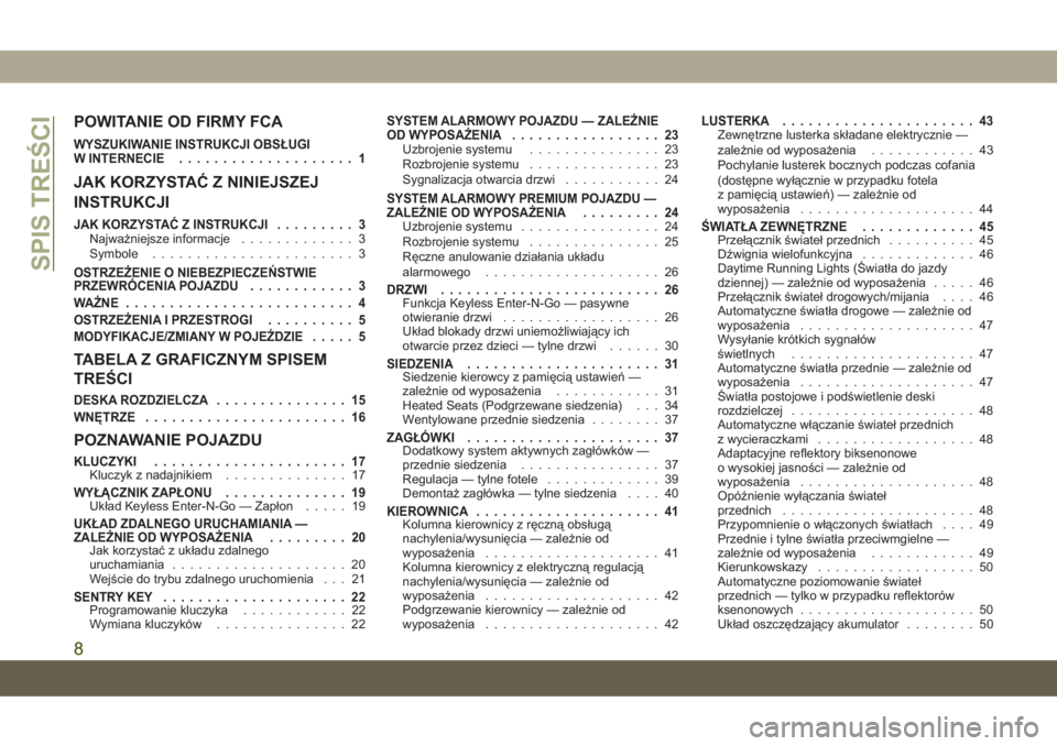 JEEP GRAND CHEROKEE 2019  Instrukcja obsługi (in Polish) POWITANIE OD FIRMY FCA
WYSZUKIWANIE INSTRUKCJI OBSŁUGI
W INTERNECIE.................... 1
JAK KORZYSTAĆ Z NINIEJSZEJ
INSTRUKCJI
JAK KORZYSTAĆ Z INSTRUKCJI......... 3Najważniejsze informacje.......
