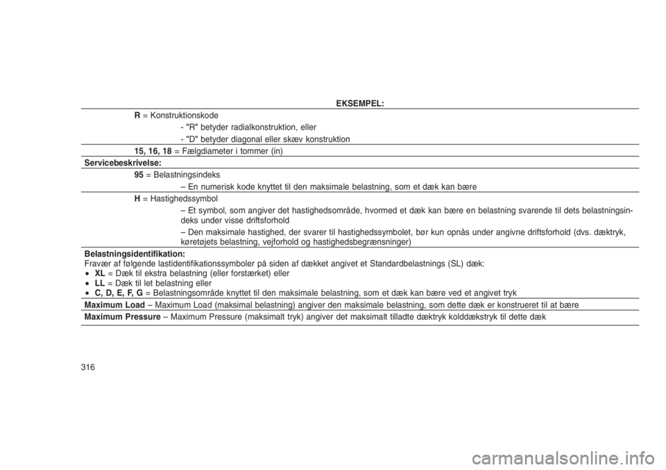 JEEP GRAND CHEROKEE 2016  Brugs- og vedligeholdelsesvejledning (in Danish) EKSEMPEL:
R= Konstruktionskode
-"R"betyder radialkonstruktion, eller
-"D"betyder diagonal eller skæv konstruktion
15, 16, 18= Fælgdiameter i tommer (in)
Servicebeskrivelse:
95= Belas