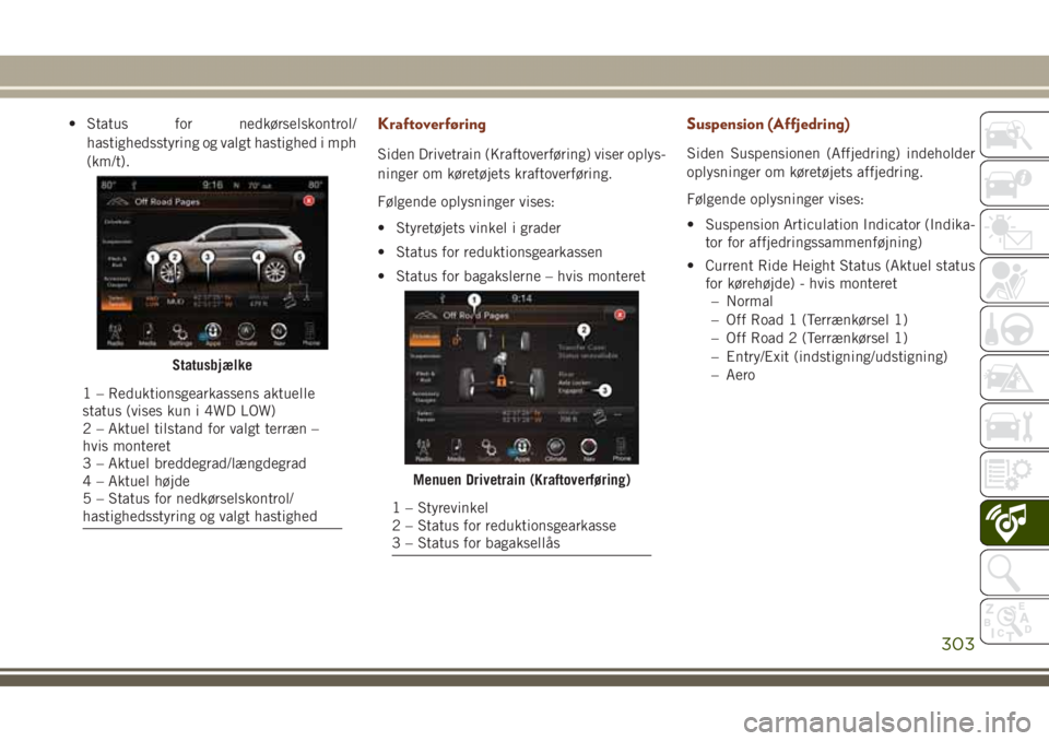 JEEP GRAND CHEROKEE 2017  Brugs- og vedligeholdelsesvejledning (in Danish) • Status for nedkørselskontrol/
hastighedsstyring og valgt hastighed i mph
(km/t).Kraftoverføring
Siden Drivetrain (Kraftoverføring) viser oplys-
ninger om køretøjets kraftoverføring.
Følgend