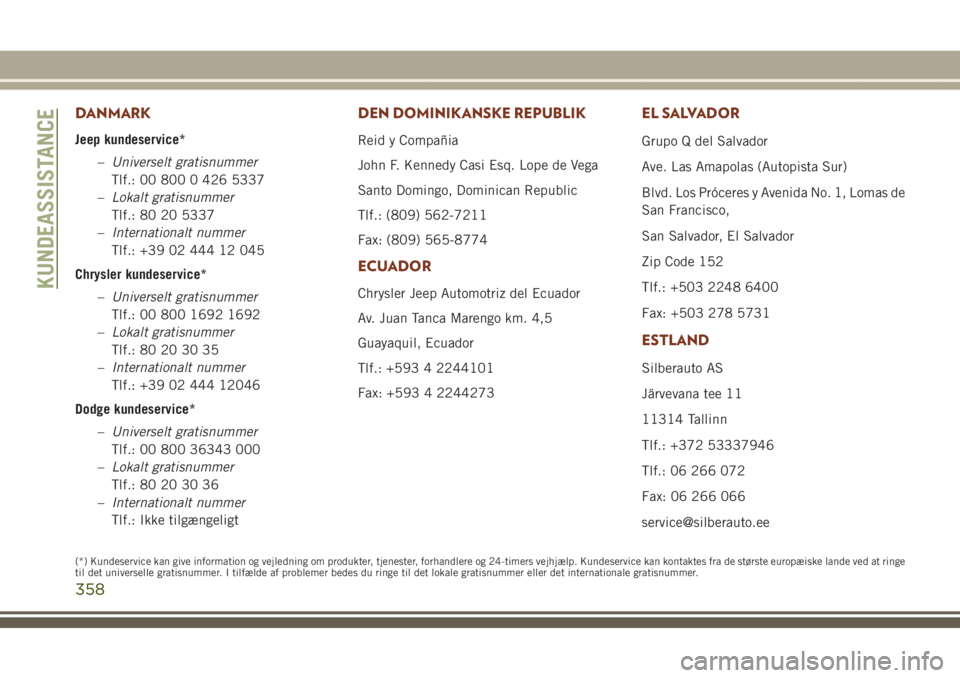 JEEP GRAND CHEROKEE 2017 Brugs- og vedligeholdelsesvejledning (in Danish) DANMARK
Jeep kundeservice*
–Universelt gratisnummer
Tlf.: 00 800 0 426 5337
–Lokalt gratisnummer
Tlf.: 80 20 5337
–Internationalt nummer
Tlf.: +39 02 444 12 045
Chrysler kundeservice*
–Univers JEEP GRAND CHEROKEE 2017 Brugs- og vedligeholdelsesvejledning (in Danish) DANMARK
Jeep kundeservice*
–Universelt gratisnummer
Tlf.: 00 800 0 426 5337
–Lokalt gratisnummer
Tlf.: 80 20 5337
–Internationalt nummer
Tlf.: +39 02 444 12 045
Chrysler kundeservice*
–Univers