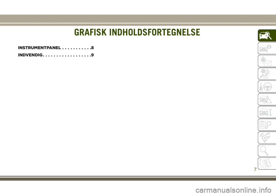 JEEP GRAND CHEROKEE 2017 Brugs- og vedligeholdelsesvejledning (in Danish) GRAFISK INDHOLDSFORTEGNELSE
INSTRUMENTPANEL...........8
INDVENDIG..................9
GRAFISK INDHOLDSFORTEGNELSE
7 JEEP GRAND CHEROKEE 2017 Brugs- og vedligeholdelsesvejledning (in Danish) GRAFISK INDHOLDSFORTEGNELSE
INSTRUMENTPANEL...........8
INDVENDIG..................9
GRAFISK INDHOLDSFORTEGNELSE
7