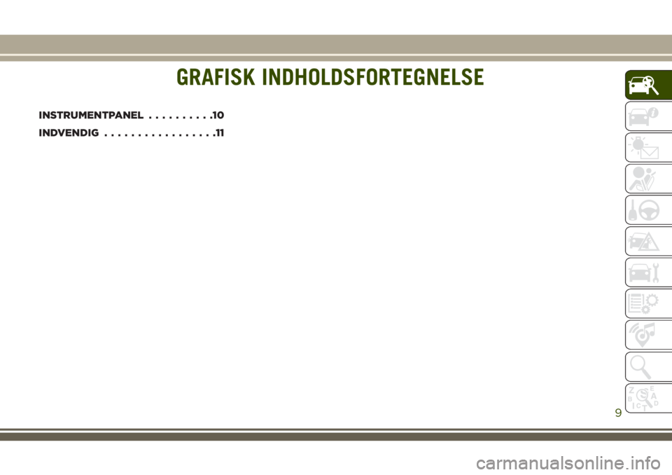 JEEP GRAND CHEROKEE 2018  Brugs- og vedligeholdelsesvejledning (in Danish) GRAFISK INDHOLDSFORTEGNELSE
INSTRUMENTPANEL..........10
INDVENDIG.................11
GRAFISK INDHOLDSFORTEGNELSE
9 