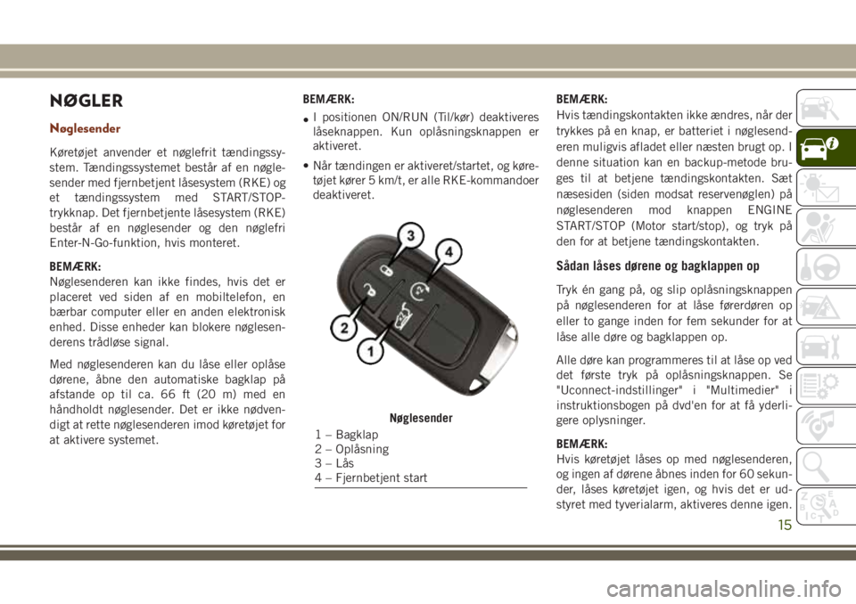 JEEP GRAND CHEROKEE 2018  Brugs- og vedligeholdelsesvejledning (in Danish) NØGLER
Nøglesender
Køretøjet anvender et nøglefrit tændingssy-
stem. Tændingssystemet består af en nøgle-
sender med fjernbetjent låsesystem (RKE) og
et tændingssystem med START/STOP-
trykk