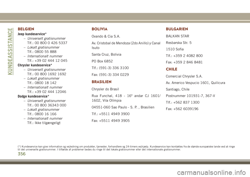 JEEP GRAND CHEROKEE 2018  Brugs- og vedligeholdelsesvejledning (in Danish) BELGIEN
Jeep kundeservice*
–Universelt gratisnummer
Tlf.: 00 800 0 426 5337
–Lokalt gratisnummer
Tlf.: 0800 55 888
–Internationalt nummer
Tlf.: +39 02 444 12 045
Chrysler kundeservice*
–Univer