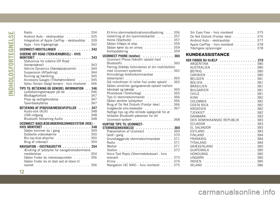 JEEP GRAND CHEROKEE 2020  Brugs- og vedligeholdelsesvejledning (in Danish) Radio....................... 334
Android Auto – ekstraudstyr.......... 335
Integration af Apple CarPlay – ekstraudstyr . 339
Apps - hvis tilgængelige............. 342
UCONNECT-INDSTILLINGER......