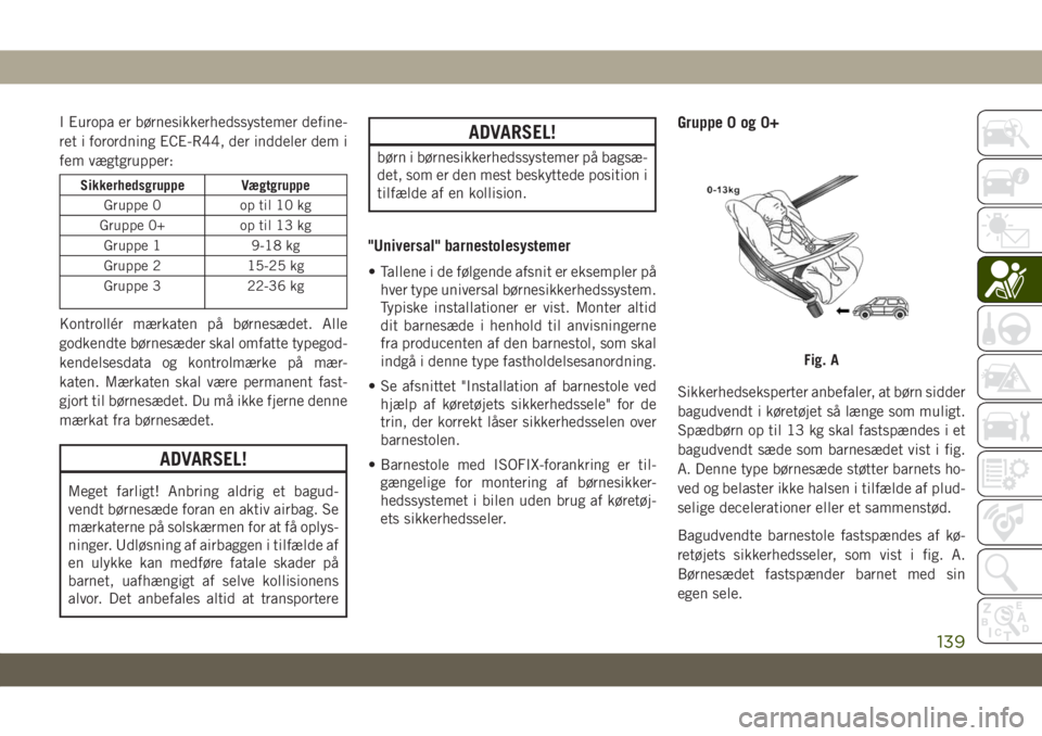 JEEP GRAND CHEROKEE 2021  Brugs- og vedligeholdelsesvejledning (in Danish) I Europa er børnesikkerhedssystemer define-
ret i forordning ECE-R44, der inddeler dem i
fem vægtgrupper:
Sikkerhedsgruppe Vægtgruppe
Gruppe 0 op til 10 kg
Gruppe 0+ op til 13 kg
Gruppe 1 9-18 kg
G