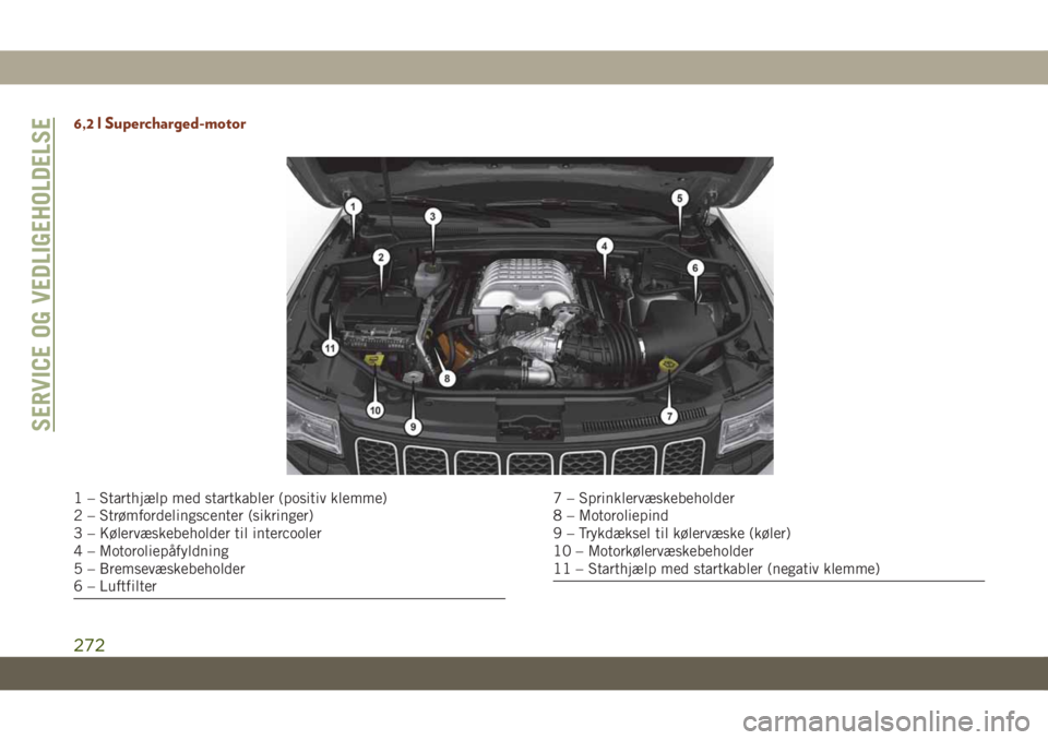 JEEP GRAND CHEROKEE 2019 Brugs- og vedligeholdelsesvejledning (in Danish) 6,2 l Supercharged-motor
1 – Starthjælp med startkabler (positiv klemme)
2 – Strømfordelingscenter (sikringer)
3 – Kølervæskebeholder til intercooler
4 – Motoroliepåfyldning
5 – Bremsev JEEP GRAND CHEROKEE 2019 Brugs- og vedligeholdelsesvejledning (in Danish) 6,2 l Supercharged-motor
1 – Starthjælp med startkabler (positiv klemme)
2 – Strømfordelingscenter (sikringer)
3 – Kølervæskebeholder til intercooler
4 – Motoroliepåfyldning
5 – Bremsev