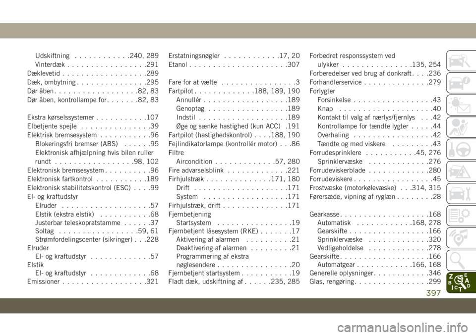 JEEP GRAND CHEROKEE 2019  Brugs- og vedligeholdelsesvejledning (in Danish) Udskiftning............240, 289
Vinterdæk.................291
Dæklevetid..................289
Dæk, ombytning...............295
Dør åben..................82, 83
Dør åben, kontrollampe for.......