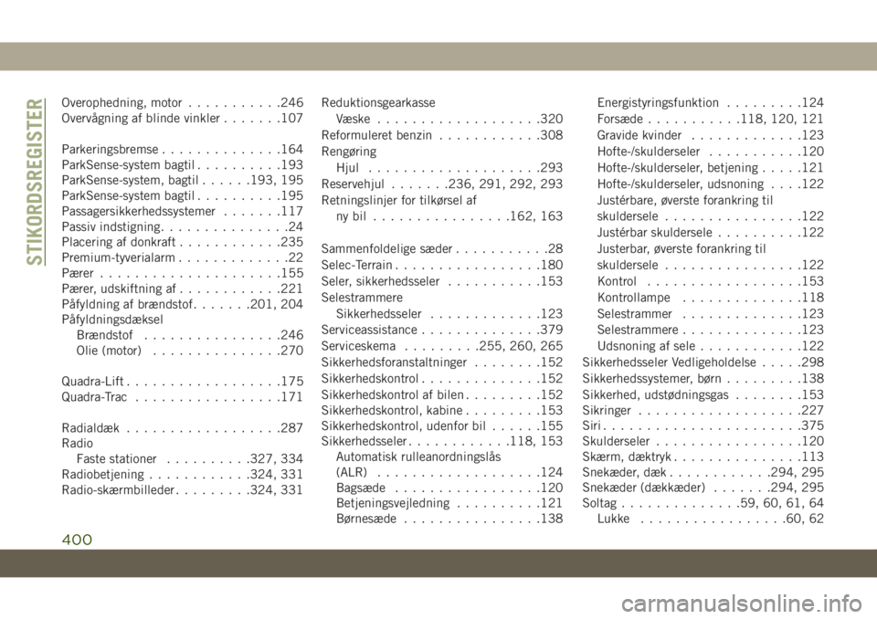 JEEP GRAND CHEROKEE 2019  Brugs- og vedligeholdelsesvejledning (in Danish) Overophedning, motor...........246
Overvågning af blinde vinkler.......107
Parkeringsbremse..............164
ParkSense-system bagtil..........193
ParkSense-system, bagtil......193, 195
ParkSense-syst