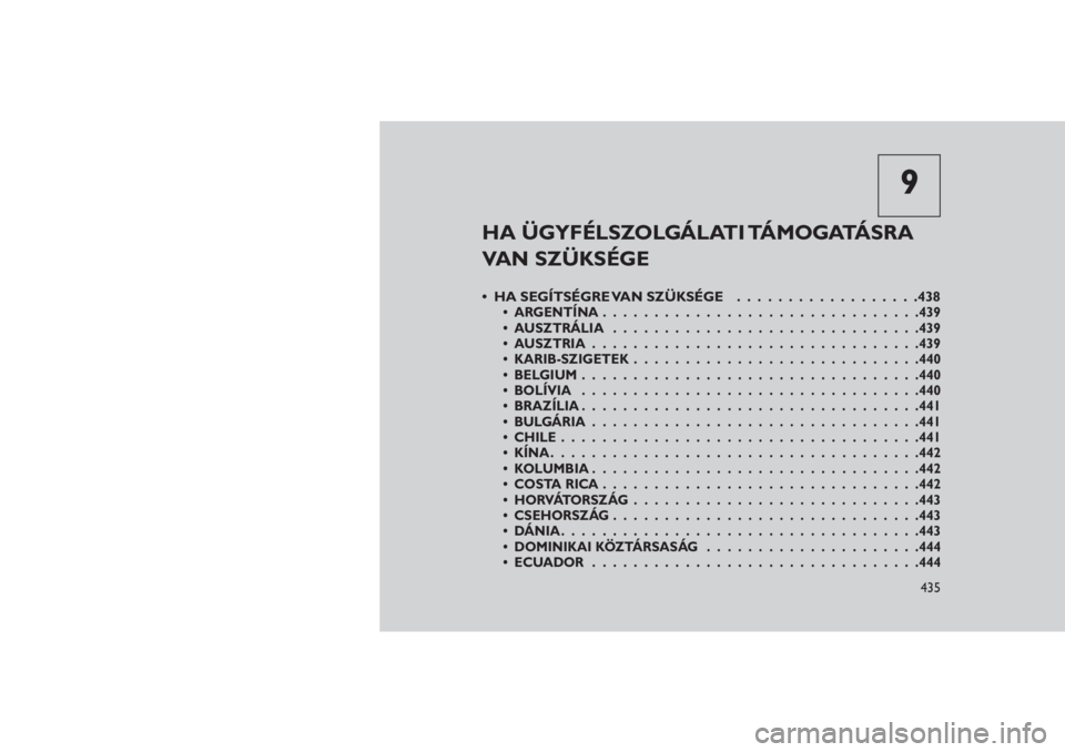 JEEP GRAND CHEROKEE 2016  Kezelési és karbantartási útmutató (in Hungarian) 9
HA ÜGYFÉLSZOLGÁLATI TÁMOGATÁSRA
VAN SZÜKSÉGE
• HA SEGÍTSÉGRE VAN SZÜKSÉGE..................438• ARGENTÍNA...............................439
• AUSZTRÁLIA...........................