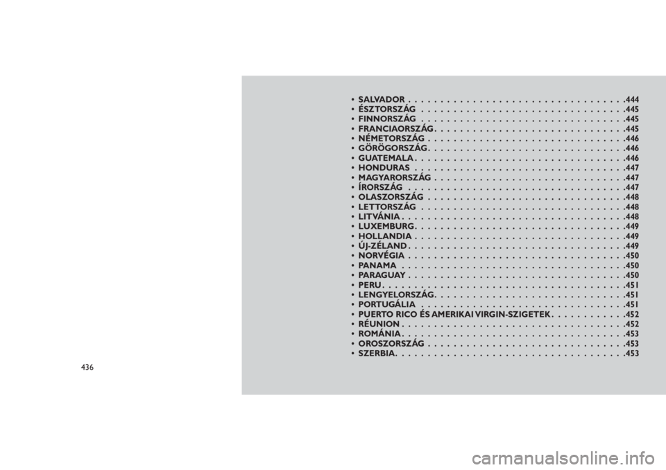 JEEP GRAND CHEROKEE 2016  Kezelési és karbantartási útmutató (in Hungarian) • SALVADOR..................................444
• ÉSZTORSZÁG................................445
• FINNORSZÁG................................445
• FRANCIAORSZÁG.............................