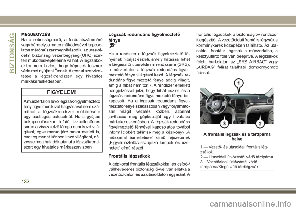 JEEP GRAND CHEROKEE 2017 Kezelési és karbantartási útmutató (in Hungarian) MEGJEGYZÉS:
Ha a sebességmérő, a fordulatszámmérő
vagy bármely, a motor működésével kapcso-
latos mérőműszer meghibásodik, az utasvé-
delmi biztonsági vezérlőegység (ORC) szin-
t JEEP GRAND CHEROKEE 2017 Kezelési és karbantartási útmutató (in Hungarian) MEGJEGYZÉS:
Ha a sebességmérő, a fordulatszámmérő
vagy bármely, a motor működésével kapcso-
latos mérőműszer meghibásodik, az utasvé-
delmi biztonsági vezérlőegység (ORC) szin-
t