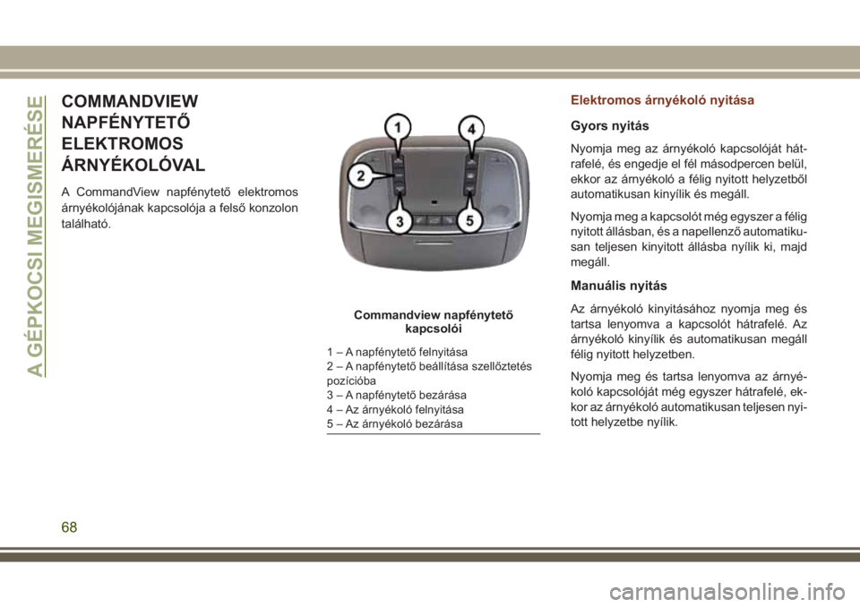 JEEP GRAND CHEROKEE 2017 Kezelési és karbantartási útmutató (in Hungarian) COMMANDVIEW
NAPFÉNYTETŐ
ELEKTROMOS
ÁRNYÉKOLÓVAL
A CommandView napfénytető elektromos
árnyékolójának kapcsolója a felső konzolon
található.
Elektromos árnyékoló nyitása
Gyors nyitás JEEP GRAND CHEROKEE 2017 Kezelési és karbantartási útmutató (in Hungarian) COMMANDVIEW
NAPFÉNYTETŐ
ELEKTROMOS
ÁRNYÉKOLÓVAL
A CommandView napfénytető elektromos
árnyékolójának kapcsolója a felső konzolon
található.
Elektromos árnyékoló nyitása
Gyors nyitás