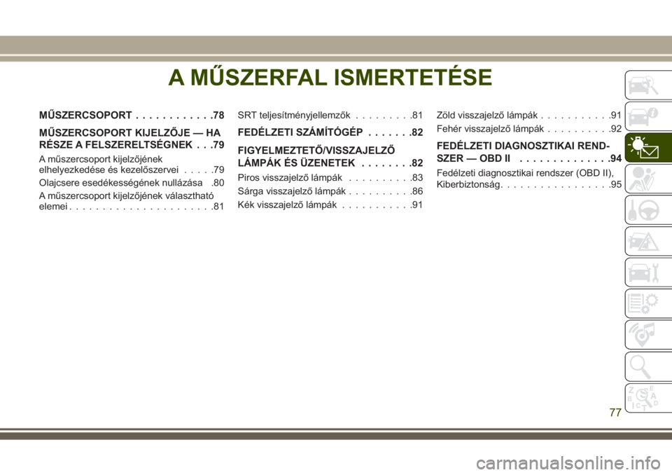 JEEP GRAND CHEROKEE 2017 Kezelési és karbantartási útmutató (in Hungarian) A MŰSZERFAL ISMERTETÉSE
MŰSZERCSOPORT............78
MŰSZERCSOPORT KIJELZŐJE — HA
RÉSZE A FELSZERELTSÉGNEK . . .79
A műszercsoport kijelzőjének
elhelyezkedése és kezelőszervei.....79
Ola JEEP GRAND CHEROKEE 2017 Kezelési és karbantartási útmutató (in Hungarian) A MŰSZERFAL ISMERTETÉSE
MŰSZERCSOPORT............78
MŰSZERCSOPORT KIJELZŐJE — HA
RÉSZE A FELSZERELTSÉGNEK . . .79
A műszercsoport kijelzőjének
elhelyezkedése és kezelőszervei.....79
Ola
