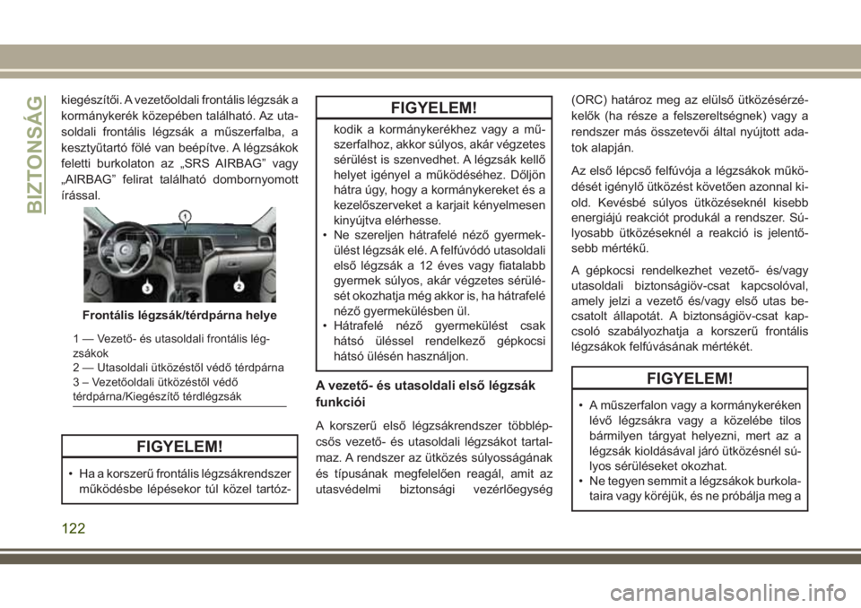 JEEP GRAND CHEROKEE 2018 Kezelési és karbantartási útmutató (in Hungarian) kiegészítői. A vezetőoldali frontális légzsák a
kormánykerék közepében található. Az uta-
soldali frontális légzsák a műszerfalba, a
kesztyűtartó fölé van beépítve. A légzsáko JEEP GRAND CHEROKEE 2018 Kezelési és karbantartási útmutató (in Hungarian) kiegészítői. A vezetőoldali frontális légzsák a
kormánykerék közepében található. Az uta-
soldali frontális légzsák a műszerfalba, a
kesztyűtartó fölé van beépítve. A légzsáko