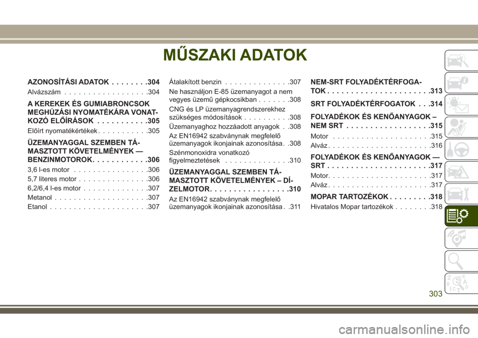 JEEP GRAND CHEROKEE 2018 Kezelési és karbantartási útmutató (in Hungarian) MŰSZAKI ADATOK
AZONOSÍTÁSI ADATOK........304
Alvázszám..................304
A KEREKEK ÉS GUMIABRONCSOK
MEGHÚZÁSI NYOMATÉKÁRA VONAT-
KOZÓ ELŐÍRÁSOK...........305
Előírt nyomatékérték JEEP GRAND CHEROKEE 2018 Kezelési és karbantartási útmutató (in Hungarian) MŰSZAKI ADATOK
AZONOSÍTÁSI ADATOK........304
Alvázszám..................304
A KEREKEK ÉS GUMIABRONCSOK
MEGHÚZÁSI NYOMATÉKÁRA VONAT-
KOZÓ ELŐÍRÁSOK...........305
Előírt nyomatékérték