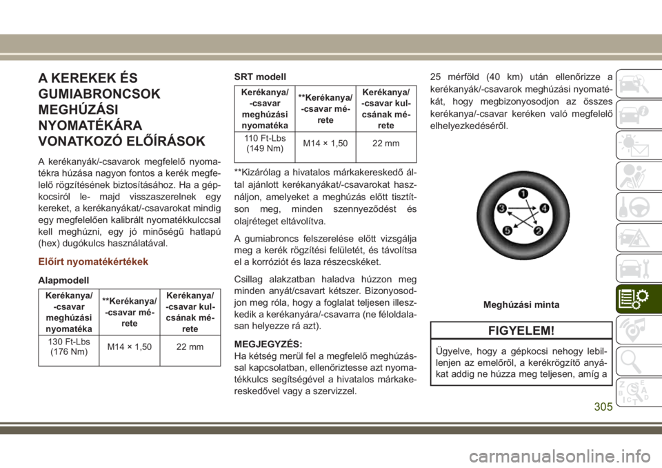 JEEP GRAND CHEROKEE 2018 Kezelési és karbantartási útmutató (in Hungarian) A KEREKEK ÉS
GUMIABRONCSOK
MEGHÚZÁSI
NYOMATÉKÁRA
VONATKOZÓ ELŐÍRÁSOK
A kerékanyák/-csavarok megfelelő nyoma-
tékra húzása nagyon fontos a kerék megfe-
lelő rögzítésének biztosít JEEP GRAND CHEROKEE 2018 Kezelési és karbantartási útmutató (in Hungarian) A KEREKEK ÉS
GUMIABRONCSOK
MEGHÚZÁSI
NYOMATÉKÁRA
VONATKOZÓ ELŐÍRÁSOK
A kerékanyák/-csavarok megfelelő nyoma-
tékra húzása nagyon fontos a kerék megfe-
lelő rögzítésének biztosít