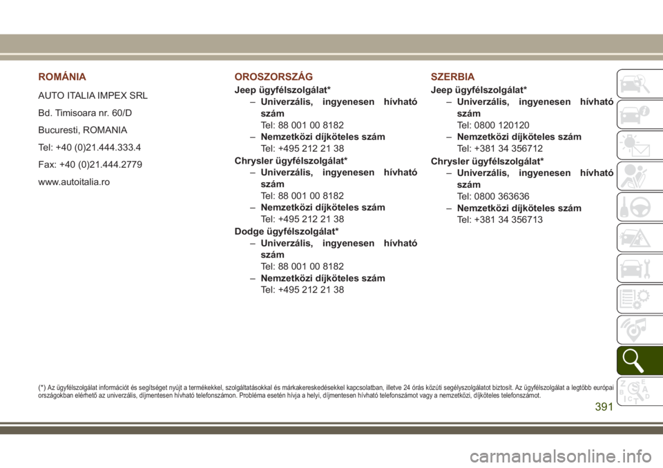 JEEP GRAND CHEROKEE 2018  Kezelési és karbantartási útmutató (in Hungarian) ROMÁNIA
AUTO ITALIA IMPEX SRL
Bd. Timisoara nr. 60/D
Bucuresti, ROMANIA
Tel: +40 (0)21.444.333.4
Fax: +40 (0)21.444.2779
www.autoitalia.ro
OROSZORSZÁG
Jeep ügyfélszolgálat*
–Univerzális, ingye