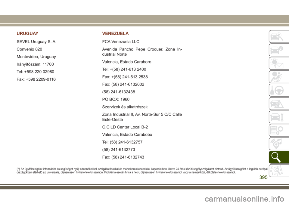 JEEP GRAND CHEROKEE 2018  Kezelési és karbantartási útmutató (in Hungarian) URUGUAY
SEVEL Uruguay S. A.
Convenio 820
Montevideo, Uruguay
Irányítószám: 11700
Tel: +598 220 02980
Fax: +598 2209-0116
VENEZUELA
FCA Venezuela LLC
Avenida Pancho Pepe Croquer. Zona In-
dustrial 
