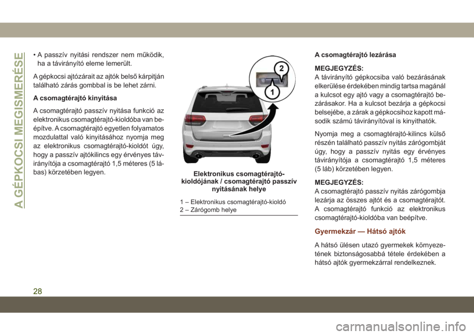 JEEP GRAND CHEROKEE 2019 Kezelési és karbantartási útmutató (in Hungarian) • A passzív nyitási rendszer nem működik,
ha a távirányító eleme lemerült.
A gépkocsi ajtózárait az ajtók belső kárpitján
található zárás gombbal is be lehet zárni.
A csomagtér JEEP GRAND CHEROKEE 2019 Kezelési és karbantartási útmutató (in Hungarian) • A passzív nyitási rendszer nem működik,
ha a távirányító eleme lemerült.
A gépkocsi ajtózárait az ajtók belső kárpitján
található zárás gombbal is be lehet zárni.
A csomagtér