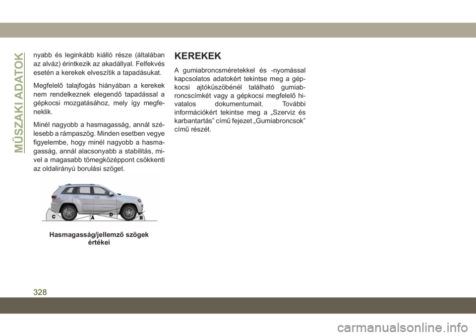 JEEP GRAND CHEROKEE 2021 Kezelési és karbantartási útmutató (in Hungarian) nyabb és leginkább kiálló része (általában
az alváz) érintkezik az akadállyal. Felfekvés
esetén a kerekek elveszítik a tapadásukat.
Megfelelő talajfogás hiányában a kerekek
nem rende JEEP GRAND CHEROKEE 2021 Kezelési és karbantartási útmutató (in Hungarian) nyabb és leginkább kiálló része (általában
az alváz) érintkezik az akadállyal. Felfekvés
esetén a kerekek elveszítik a tapadásukat.
Megfelelő talajfogás hiányában a kerekek
nem rende