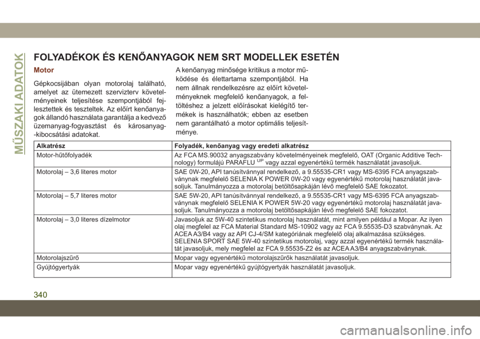 JEEP GRAND CHEROKEE 2020  Kezelési és karbantartási útmutató (in Hungarian) FOLYADÉKOK ÉS KENŐANYAGOK NEM SRT MODELLEK ESETÉN
Motor
Gépkocsijában olyan motorolaj található,
amelyet az ütemezett szervizterv követel-
ményeinek teljesítése szempontjából fej-
leszt