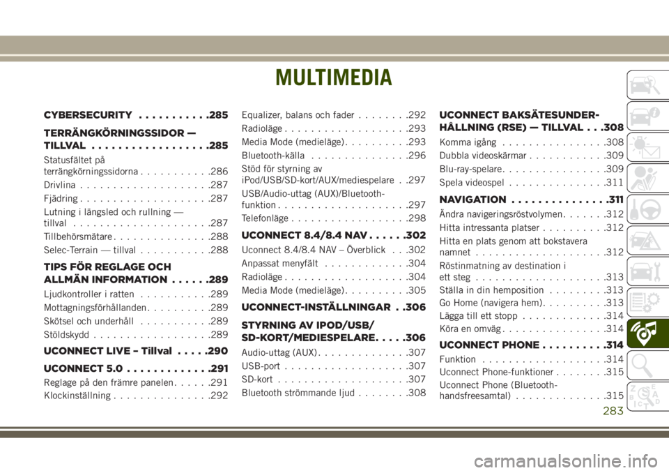 JEEP GRAND CHEROKEE 2017  Drift- och underhållshandbok (in Swedish) MULTIMEDIA
CYBERSECURITY...........285
TERRÄNGKÖRNINGSSIDOR —
TILLVAL..................285
Statusfältet på
terrängkörningssidorna...........286
Drivlina....................287
Fjädring.......