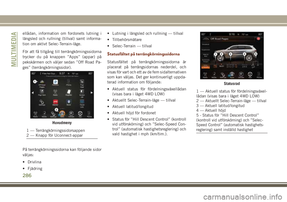 JEEP GRAND CHEROKEE 2017  Drift- och underhållshandbok (in Swedish) ellådan, information om fordonets lutning i
längsled och rullning (tillval) samt informa-
tion om aktivt Selec-Terrain-läge.
För att få tillgång till terrängkörningssidorna
trycker du på knap
