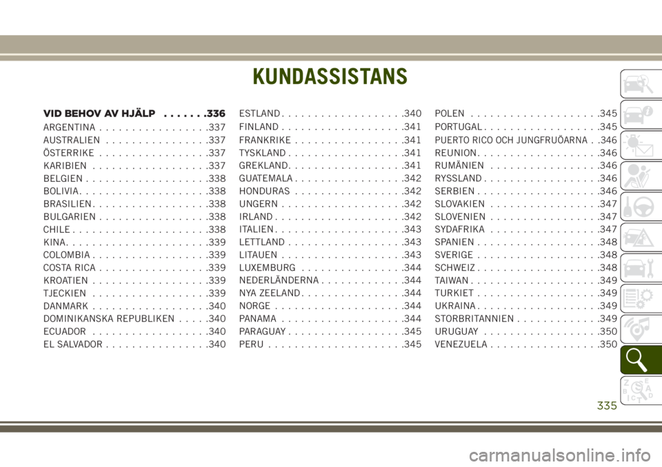 JEEP GRAND CHEROKEE 2017  Drift- och underhållshandbok (in Swedish) KUNDASSISTANS
VID BEHOV AV HJÄLP.......336
ARGENTINA.................337
AUSTRALIEN................337
ÖSTERRIKE.................337
KARIBIEN..................337
BELGIEN...................338
BOLIV