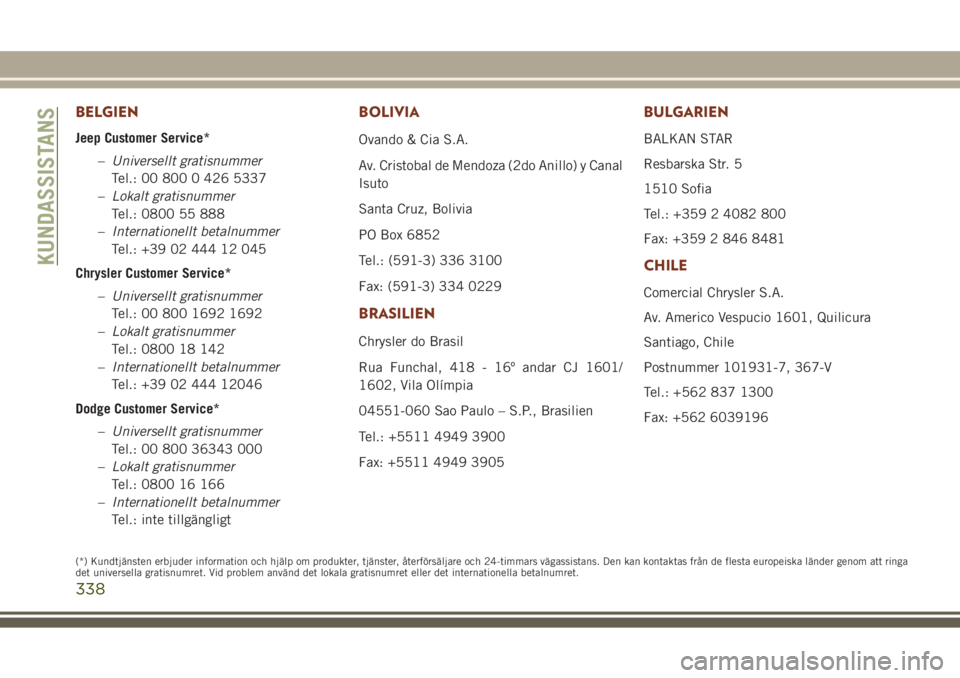 JEEP GRAND CHEROKEE 2017  Drift- och underhållshandbok (in Swedish) BELGIEN
Jeep Customer Service*
–Universellt gratisnummer
Tel.: 00 800 0 426 5337
–Lokalt gratisnummer
Tel.: 0800 55 888
–Internationellt betalnummer
Tel.: +39 02 444 12 045
Chrysler Customer Ser