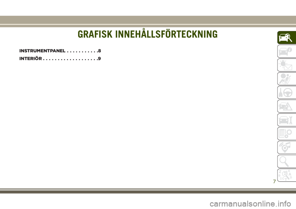 JEEP GRAND CHEROKEE 2017 Drift- och underhållshandbok (in Swedish) GRAFISK INNEHÅLLSFÖRTECKNING
INSTRUMENTPANEL...........8
INTERIÖR...................9
GRAFISK INNEHÅLLSFÖRTECKNING
7 JEEP GRAND CHEROKEE 2017 Drift- och underhållshandbok (in Swedish) GRAFISK INNEHÅLLSFÖRTECKNING
INSTRUMENTPANEL...........8
INTERIÖR...................9
GRAFISK INNEHÅLLSFÖRTECKNING
7