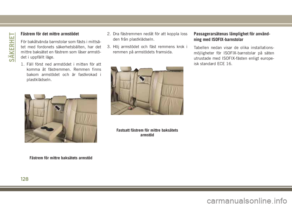 JEEP GRAND CHEROKEE 2018 Drift- och underhållshandbok (in Swedish) Fästrem för det mittre armstödet
För bakåtvända barnstolar som fästs i mittsä-
tet med fordonets säkerhetsbälten, har det
mittre baksätet en fästrem som låser armstö-
det i uppfällt lä JEEP GRAND CHEROKEE 2018 Drift- och underhållshandbok (in Swedish) Fästrem för det mittre armstödet
För bakåtvända barnstolar som fästs i mittsä-
tet med fordonets säkerhetsbälten, har det
mittre baksätet en fästrem som låser armstö-
det i uppfällt lä