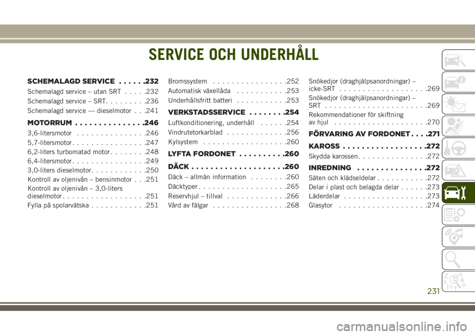 JEEP GRAND CHEROKEE 2018 Drift- och underhållshandbok (in Swedish) SERVICE OCH UNDERHÅLL
SCHEMALAGD SERVICE......232
Schemalagd service – utan SRT.....232
Schemalagd service – SRT.........236
Schemalagd service — dieselmotor . . .241
MOTORRUM...............246 JEEP GRAND CHEROKEE 2018 Drift- och underhållshandbok (in Swedish) SERVICE OCH UNDERHÅLL
SCHEMALAGD SERVICE......232
Schemalagd service – utan SRT.....232
Schemalagd service – SRT.........236
Schemalagd service — dieselmotor . . .241
MOTORRUM...............246