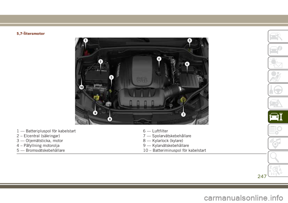JEEP GRAND CHEROKEE 2018 Drift- och underhållshandbok (in Swedish) 5,7-litersmotor
1 — Batteripluspol för kabelstart 6 — Luftfilter
2 – Elcentral (säkringar) 7 — Spolarvätskebehållare
3 — Oljemätsticka, motor 8 — Kylarlock (kylare)
4 – Påfyllning JEEP GRAND CHEROKEE 2018 Drift- och underhållshandbok (in Swedish) 5,7-litersmotor
1 — Batteripluspol för kabelstart 6 — Luftfilter
2 – Elcentral (säkringar) 7 — Spolarvätskebehållare
3 — Oljemätsticka, motor 8 — Kylarlock (kylare)
4 – Påfyllning