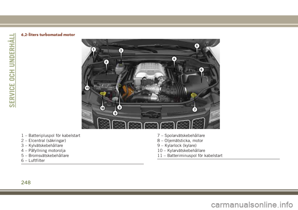 JEEP GRAND CHEROKEE 2018 Drift- och underhållshandbok (in Swedish) 6,2-liters turbomatad motor
1 – Batteripluspol för kabelstart
2 – Elcentral (säkringar)
3 – Kylvätskebehållare
4 – Påfyllning motorolja
5 – Bromsvätskebehållare
6 – Luftfilter7 – JEEP GRAND CHEROKEE 2018 Drift- och underhållshandbok (in Swedish) 6,2-liters turbomatad motor
1 – Batteripluspol för kabelstart
2 – Elcentral (säkringar)
3 – Kylvätskebehållare
4 – Påfyllning motorolja
5 – Bromsvätskebehållare
6 – Luftfilter7 –