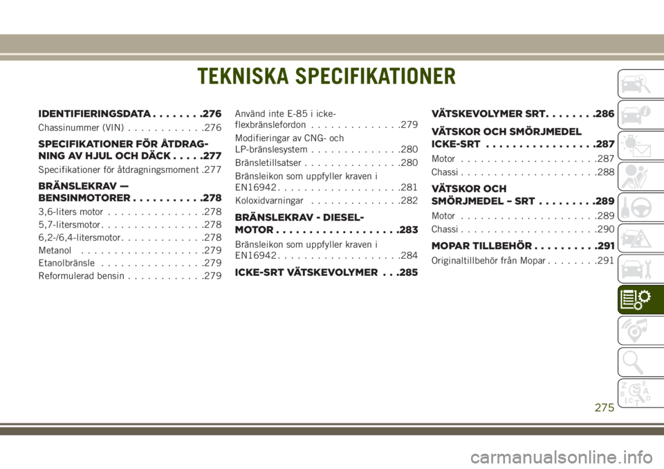 JEEP GRAND CHEROKEE 2018 Drift- och underhållshandbok (in Swedish) TEKNISKA SPECIFIKATIONER
IDENTIFIERINGSDATA........276
Chassinummer (VIN)............276
SPECIFIKATIONER FÖR ÅTDRAG-
NING AV HJUL OCH DÄCK.....277
Specifikationer för åtdragningsmoment .277
BRÄN JEEP GRAND CHEROKEE 2018 Drift- och underhållshandbok (in Swedish) TEKNISKA SPECIFIKATIONER
IDENTIFIERINGSDATA........276
Chassinummer (VIN)............276
SPECIFIKATIONER FÖR ÅTDRAG-
NING AV HJUL OCH DÄCK.....277
Specifikationer för åtdragningsmoment .277
BRÄN