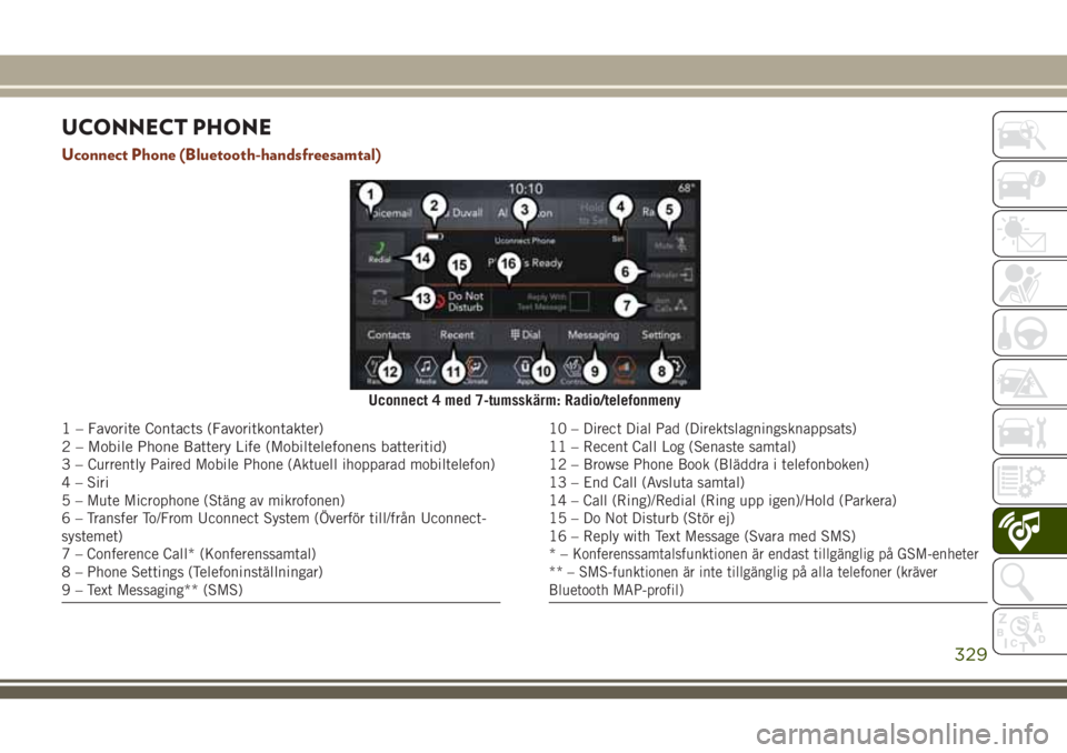 JEEP GRAND CHEROKEE 2018 Drift- och underhållshandbok (in Swedish) UCONNECT PHONE
Uconnect Phone (Bluetooth-handsfreesamtal)
Uconnect 4 med 7-tumsskärm: Radio/telefonmeny
1 – Favorite Contacts (Favoritkontakter)
2 – Mobile Phone Battery Life (Mobiltelefonens bat JEEP GRAND CHEROKEE 2018 Drift- och underhållshandbok (in Swedish) UCONNECT PHONE
Uconnect Phone (Bluetooth-handsfreesamtal)
Uconnect 4 med 7-tumsskärm: Radio/telefonmeny
1 – Favorite Contacts (Favoritkontakter)
2 – Mobile Phone Battery Life (Mobiltelefonens bat