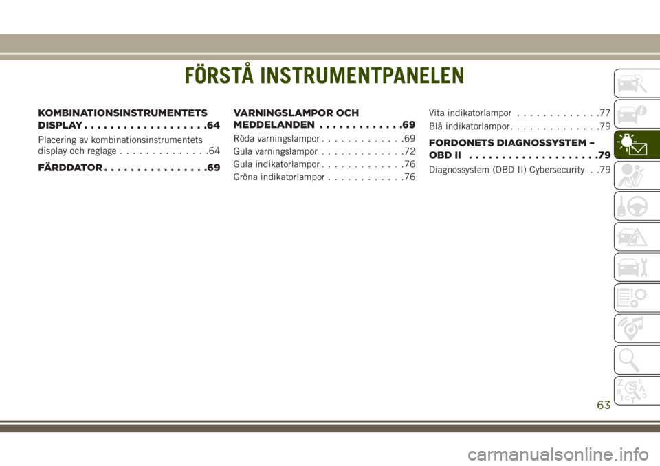 JEEP GRAND CHEROKEE 2018 Drift- och underhållshandbok (in Swedish) FÖRSTÅ INSTRUMENTPANELEN
KOMBINATIONSINSTRUMENTETS
DISPLAY...................64
Placering av kombinationsinstrumentets
display och reglage..............64
FÄRDDATOR................69VARNINGSLAMPOR JEEP GRAND CHEROKEE 2018 Drift- och underhållshandbok (in Swedish) FÖRSTÅ INSTRUMENTPANELEN
KOMBINATIONSINSTRUMENTETS
DISPLAY...................64
Placering av kombinationsinstrumentets
display och reglage..............64
FÄRDDATOR................69VARNINGSLAMPOR