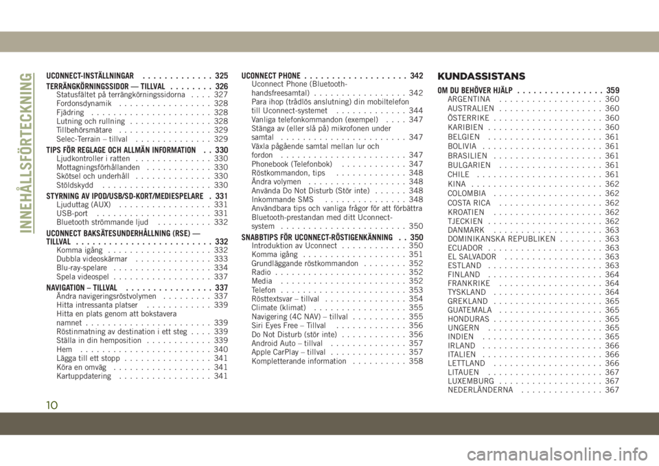 JEEP GRAND CHEROKEE 2021  Drift- och underhållshandbok (in Swedish) UCONNECT-INSTÄLLNINGAR............. 325
TERRÄNGKÖRNINGSSIDOR — TILLVAL........ 326
Statusfältet på terrängkörningssidorna.... 327
Fordonsdynamik................. 328
Fjädring................
