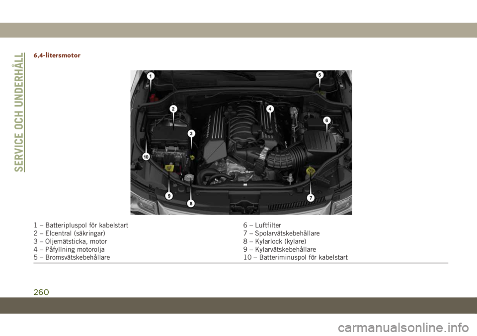 JEEP GRAND CHEROKEE 2020  Drift- och underhållshandbok (in Swedish) 6,4-litersmotor
1 – Batteripluspol för kabelstart 6 – Luftfilter
2 – Elcentral (säkringar) 7 – Spolarvätskebehållare
3 – Oljemätsticka, motor 8 – Kylarlock (kylare)
4 – Påfyllning 