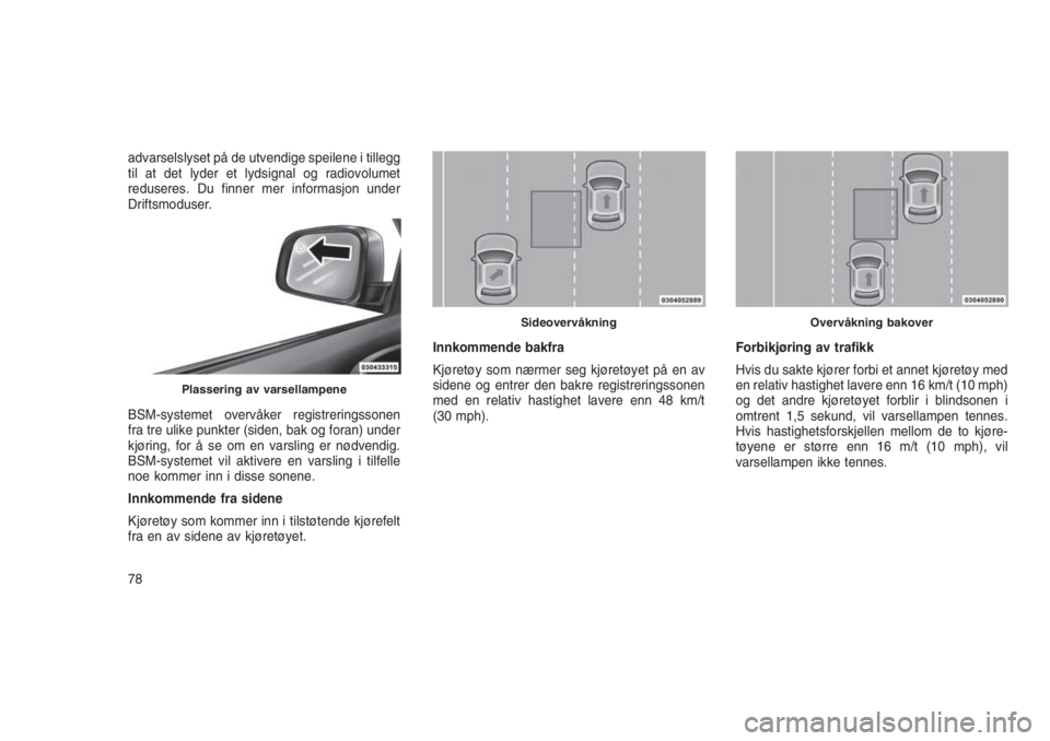 JEEP GRAND CHEROKEE 2016 Drift- og vedlikeholdshåndbok (in Norwegian) advarselslyset på de utvendige speilene i tillegg
til at det lyder et lydsignal og radiovolumet
reduseres. Du finner mer informasjon under
Driftsmoduser.
BSM-systemet overvåker registreringssonen
fr JEEP GRAND CHEROKEE 2016 Drift- og vedlikeholdshåndbok (in Norwegian) advarselslyset på de utvendige speilene i tillegg
til at det lyder et lydsignal og radiovolumet
reduseres. Du finner mer informasjon under
Driftsmoduser.
BSM-systemet overvåker registreringssonen
fr