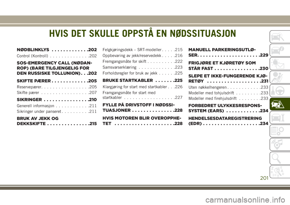 JEEP GRAND CHEROKEE 2017 Drift- og vedlikeholdshåndbok (in Norwegian) HVIS DET SKULLE OPPSTÅ EN NØDSSITUASJON
NØDBLINKLYS.............202
Control (Kontroll)..............202
SOS-EMERGENCY CALL (NØDAN-
ROP) (BARE TILGJENGELIG FOR
DEN RUSSISKE TOLLUNION) . . .202
SKIF JEEP GRAND CHEROKEE 2017 Drift- og vedlikeholdshåndbok (in Norwegian) HVIS DET SKULLE OPPSTÅ EN NØDSSITUASJON
NØDBLINKLYS.............202
Control (Kontroll)..............202
SOS-EMERGENCY CALL (NØDAN-
ROP) (BARE TILGJENGELIG FOR
DEN RUSSISKE TOLLUNION) . . .202
SKIF