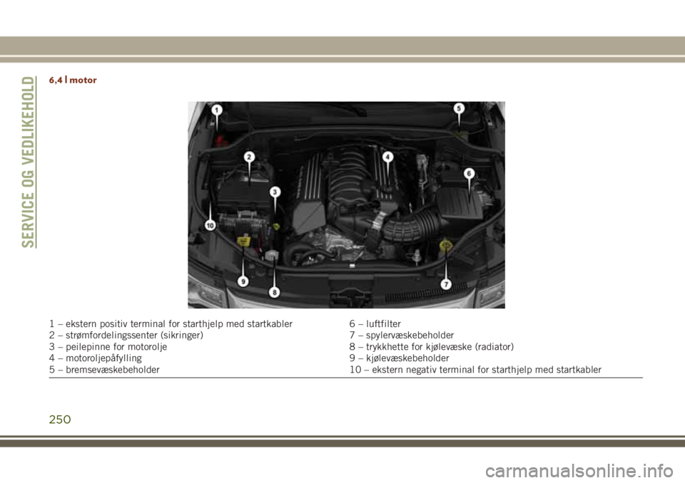 JEEP GRAND CHEROKEE 2017 Drift- og vedlikeholdshåndbok (in Norwegian) 6,4 l motor
1 – ekstern positiv terminal for starthjelp med startkabler 6 – luftfilter
2 – strømfordelingssenter (sikringer) 7 – spylervæskebeholder
3 – peilepinne for motorolje 8 – tryk JEEP GRAND CHEROKEE 2017 Drift- og vedlikeholdshåndbok (in Norwegian) 6,4 l motor
1 – ekstern positiv terminal for starthjelp med startkabler 6 – luftfilter
2 – strømfordelingssenter (sikringer) 7 – spylervæskebeholder
3 – peilepinne for motorolje 8 – tryk
