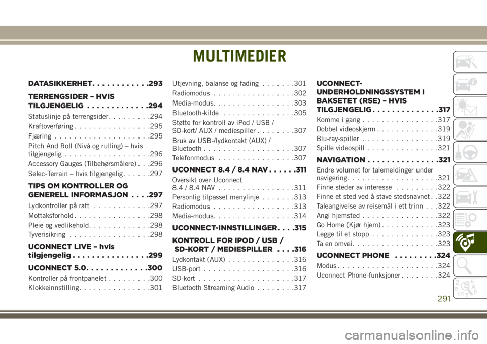 JEEP GRAND CHEROKEE 2017 Drift- og vedlikeholdshåndbok (in Norwegian) MULTIMEDIER
DATASIKKERHET............293
TERRENGSIDER – HVIS
TILGJENGELIG.............294
Statuslinje på terrengsider.........294
Kraftoverføring................295
Fjæring....................295 JEEP GRAND CHEROKEE 2017 Drift- og vedlikeholdshåndbok (in Norwegian) MULTIMEDIER
DATASIKKERHET............293
TERRENGSIDER – HVIS
TILGJENGELIG.............294
Statuslinje på terrengsider.........294
Kraftoverføring................295
Fjæring....................295
