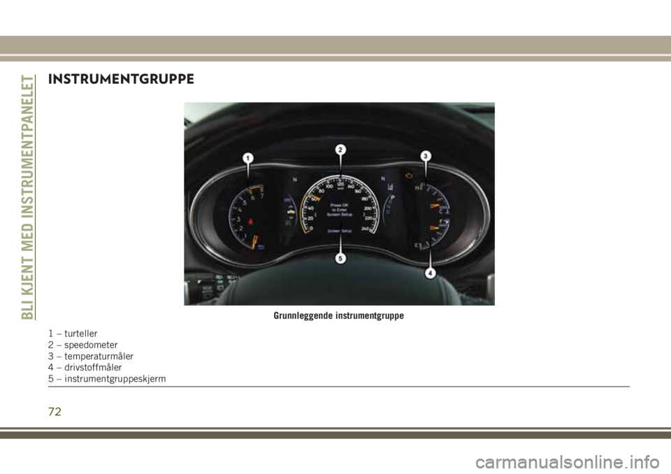 JEEP GRAND CHEROKEE 2017 Drift- og vedlikeholdshåndbok (in Norwegian) INSTRUMENTGRUPPE
Grunnleggende instrumentgruppe
1 – turteller
2 – speedometer
3 – temperaturmåler
4 – drivstoffmåler
5 – instrumentgruppeskjerm
BLI KJENT MED INSTRUMENTPANELET
72 JEEP GRAND CHEROKEE 2017 Drift- og vedlikeholdshåndbok (in Norwegian) INSTRUMENTGRUPPE
Grunnleggende instrumentgruppe
1 – turteller
2 – speedometer
3 – temperaturmåler
4 – drivstoffmåler
5 – instrumentgruppeskjerm
BLI KJENT MED INSTRUMENTPANELET
72