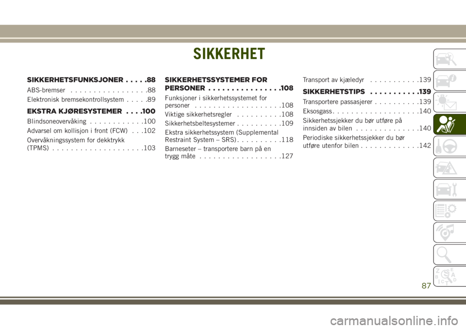 JEEP GRAND CHEROKEE 2017 Drift- og vedlikeholdshåndbok (in Norwegian) SIKKERHET
SIKKERHETSFUNKSJONER.....88
ABS-bremser.................88
Elektronisk bremsekontrollsystem.....89
EKSTRA KJØRESYSTEMER. . . .100
Blindsoneovervåking............100
Advarsel om kollisjon i JEEP GRAND CHEROKEE 2017 Drift- og vedlikeholdshåndbok (in Norwegian) SIKKERHET
SIKKERHETSFUNKSJONER.....88
ABS-bremser.................88
Elektronisk bremsekontrollsystem.....89
EKSTRA KJØRESYSTEMER. . . .100
Blindsoneovervåking............100
Advarsel om kollisjon i