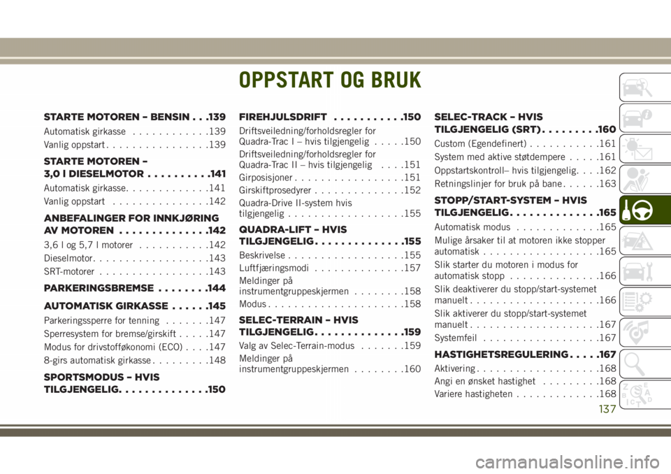 JEEP GRAND CHEROKEE 2018 Drift- og vedlikeholdshåndbok (in Norwegian) OPPSTART OG BRUK
STARTE MOTOREN – BENSIN . . .139
Automatisk girkasse............139
Vanlig oppstart................139
STARTE MOTOREN –
3,0 l DIESELMOTOR..........141
Automatisk girkasse......... JEEP GRAND CHEROKEE 2018 Drift- og vedlikeholdshåndbok (in Norwegian) OPPSTART OG BRUK
STARTE MOTOREN – BENSIN . . .139
Automatisk girkasse............139
Vanlig oppstart................139
STARTE MOTOREN –
3,0 l DIESELMOTOR..........141
Automatisk girkasse.........