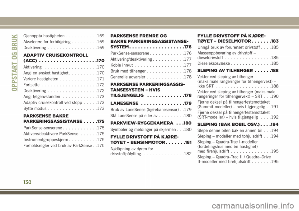 JEEP GRAND CHEROKEE 2018 Drift- og vedlikeholdshåndbok (in Norwegian) Gjenoppta hastigheten...........169
Akselerere for forbikjøring.........169
Deaktivering.................169
ADAPTIV CRUISEKONTROLL
(ACC) ....................170
Aktivering..................170
Angi JEEP GRAND CHEROKEE 2018 Drift- og vedlikeholdshåndbok (in Norwegian) Gjenoppta hastigheten...........169
Akselerere for forbikjøring.........169
Deaktivering.................169
ADAPTIV CRUISEKONTROLL
(ACC) ....................170
Aktivering..................170
Angi