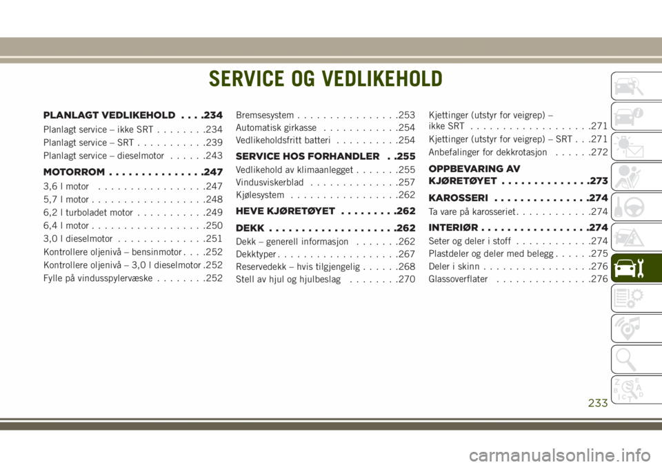 JEEP GRAND CHEROKEE 2018 Drift- og vedlikeholdshåndbok (in Norwegian) SERVICE OG VEDLIKEHOLD
PLANLAGT VEDLIKEHOLD. . . .234
Planlagt service – ikke SRT........234
Planlagt service – SRT...........239
Planlagt service – dieselmotor......243
MOTORROM...............2 JEEP GRAND CHEROKEE 2018 Drift- og vedlikeholdshåndbok (in Norwegian) SERVICE OG VEDLIKEHOLD
PLANLAGT VEDLIKEHOLD. . . .234
Planlagt service – ikke SRT........234
Planlagt service – SRT...........239
Planlagt service – dieselmotor......243
MOTORROM...............2